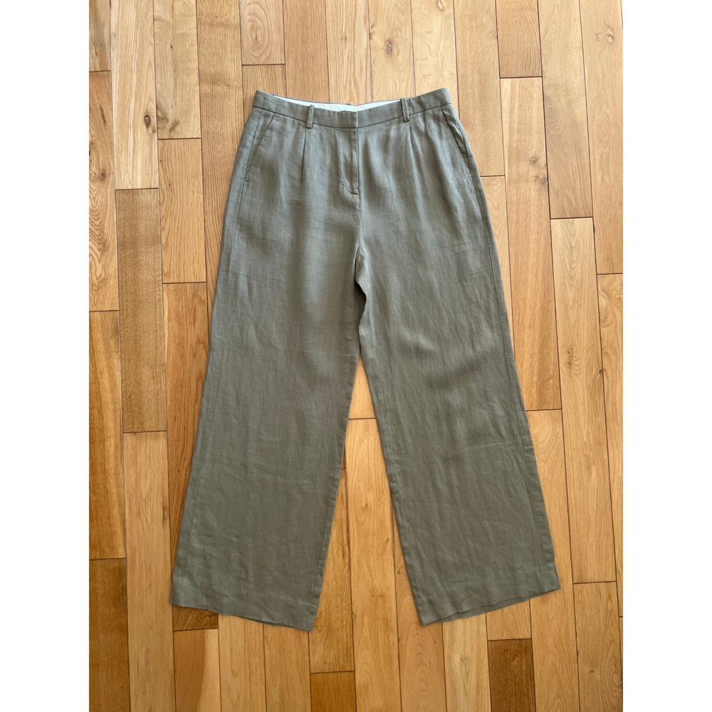 J. Crew The Essential Wide Leg Pant 100% Linen Khaki Green Pleated Womens 10
